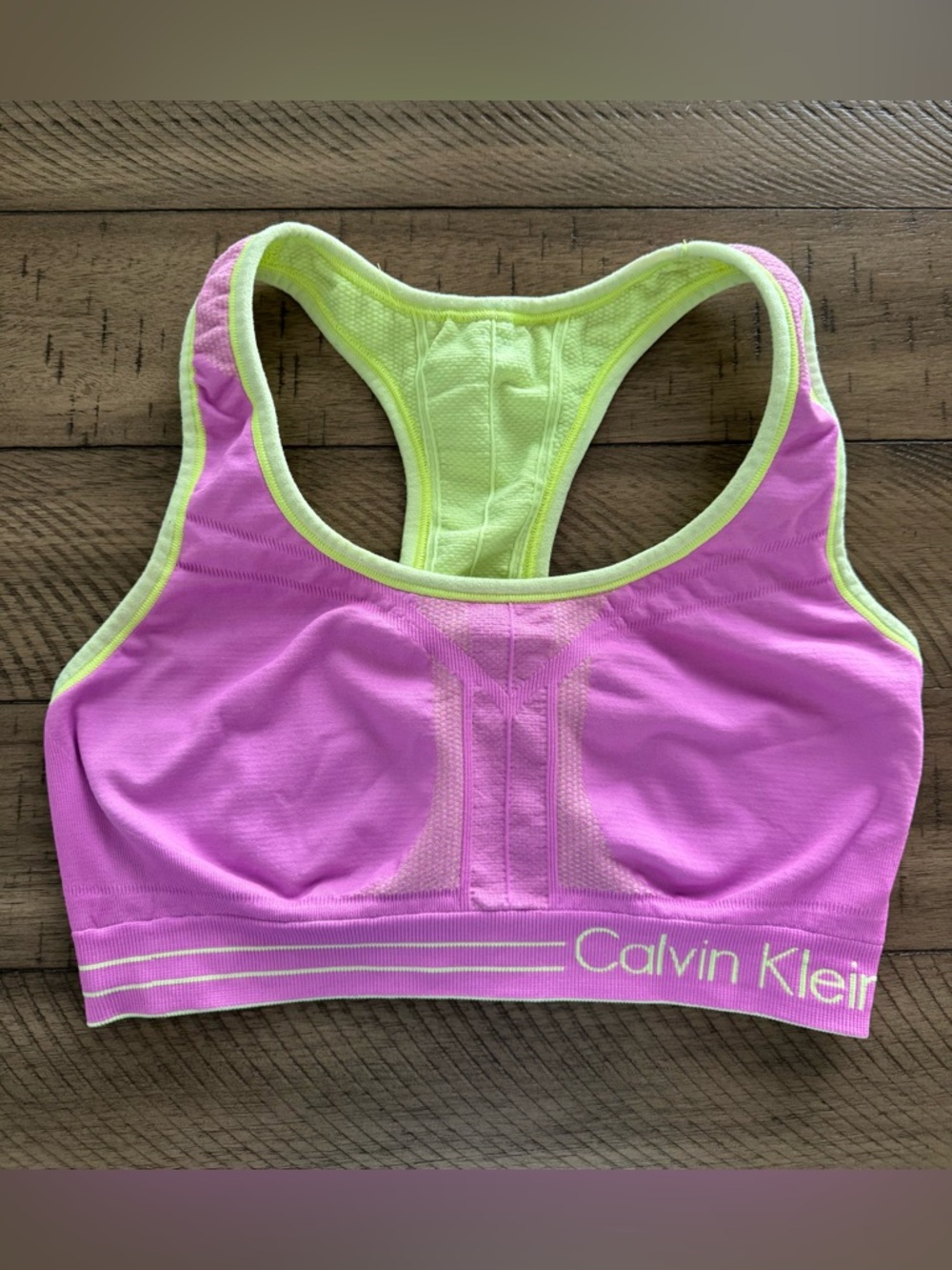 Calvin Klein Medium Reversible Racerback Sports Bra in Fuchsia and Lime